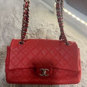 CHANEL Red Quilted Leather Shoulder Bag with Silver Chain